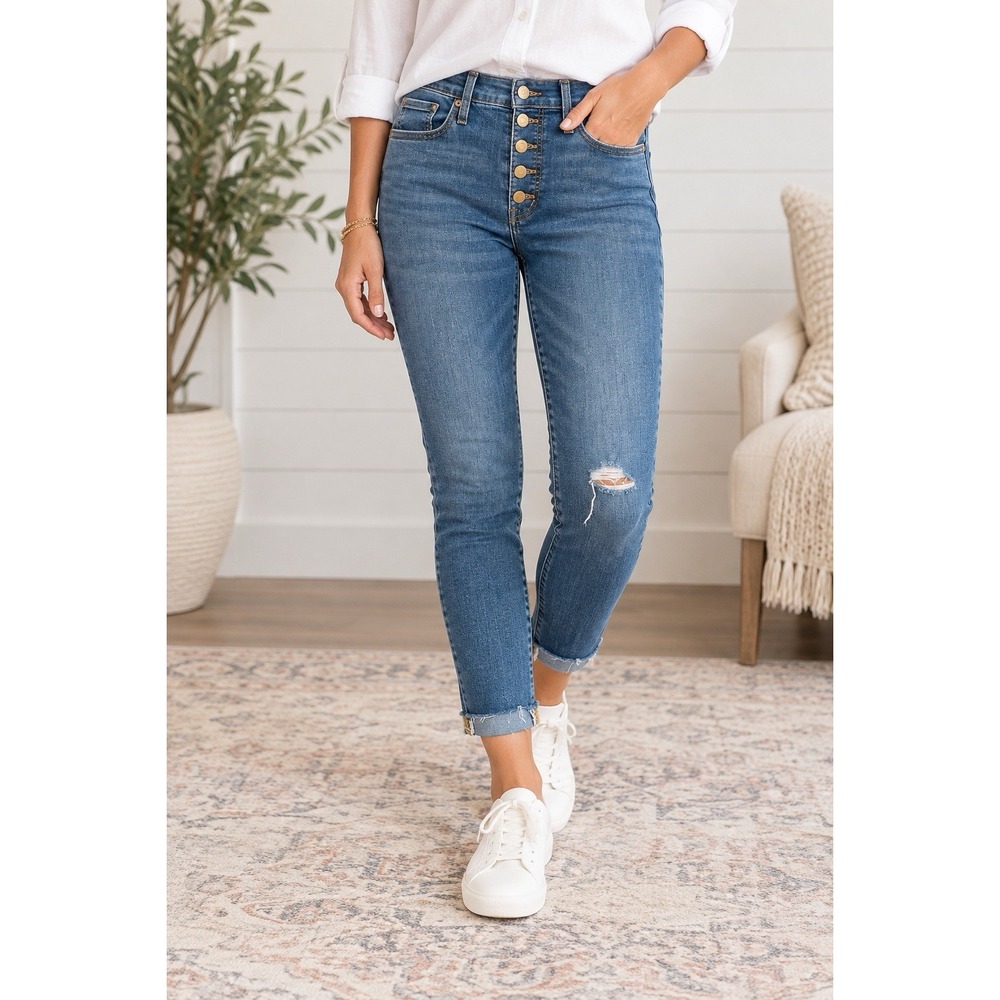 J.Crew 9" Mid Rise Skinny Jeans 30 Button Fly Distressed Raw Hem BM472